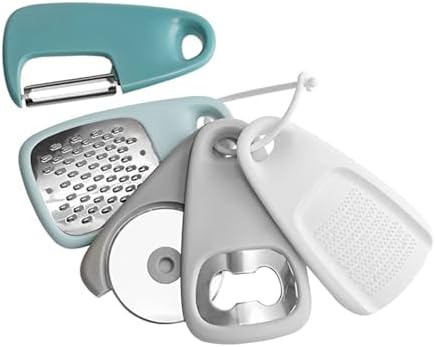TopHomer Kitchen Gadgets Set 5 Pcs, Cheese Grater, Pizza Cutter, Bottle Opener, Vegetable Peeler,Garlic/Ginger Grinder, for Travel, Camping