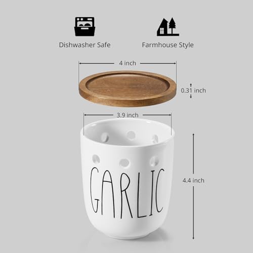 Ceramic Garlic Keeper for Counter, Garlic Holder with Acacia Wood Lid, Farmhouse Garlic Storage Container, Garlic Saver for Kitchen, White
