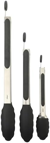 Oster 3-Piece Kitchen Tongs Set – 12", 9", 7" Locking Tongs with Heat-Resistant Nylon Tips and Stainless Steel Handles, Nonstick Safe, BPA-Free, Dishwasher Safe, Black Cooking Tongs