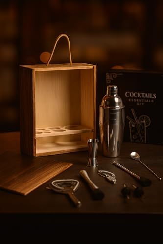 Cocktail Shaker Set RETEUR -10 Piece Bartender Kit with Rustic Wood Box -Bar Tool Set Stainless Steel - Home Cocktail Shaker Set- Bar Set, Essential and Excellent Gift., Silver