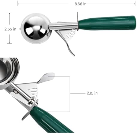 TOPKITCHEN Commercial-Grade Ice Cream Scoop 2.66 oz, 18/8 Stainless Steel Cookie Scoop with Plastic Handle, Portion Control Disher Scoop for Bakeries,Restaurants & Dessert Shops, #12, Green