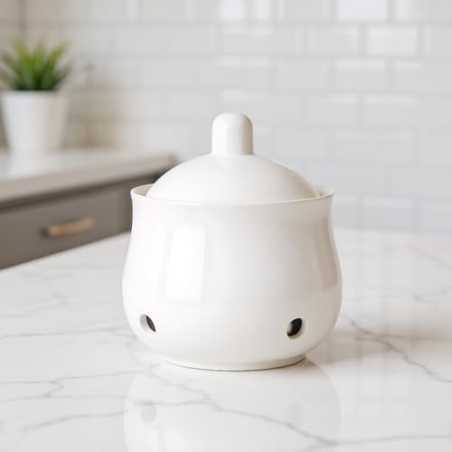 Ceramic Garlic Keeper with Lid - 12oz/350ml Ventilated Garlic Storage Container, White Kitchen Organizer for Fresh Garlic, Spice, Herb Preservation