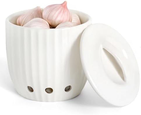 Ceramic Garlic Keeper - Upgraded Packaging! Dishwasher Safe Garlic Holder w/ Lid - Vegetable Storage Keeper w/ Holes for Keeping Veggies Fresh - Modern Countertop Storage Containers for Cooking Lovers