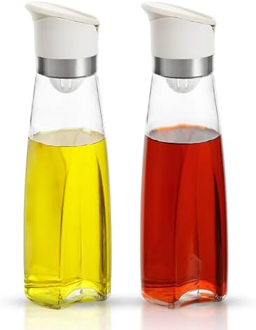 Premium Glass Olive Oil and Vinegar Dispenser Bottles Set, 2-Piece 16oz Kitchen Cooking Cruet with Auto-Open Lid, Non-Drip Pouring Spout, Oil Infuser Filter, Dishwasher Safe