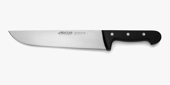 Arcos Butcher Knife 10 Inch Nitrum Stainless Steel and 250 mm blade. 353 gr. Professional Cleaver Knife. Ergonomic Polyoxymethylene POM Handle. Series Universal. Color Black