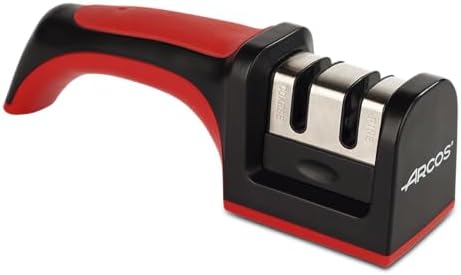 Arcos Sharpeners Manual Knife Sharpener tool. Made of ABS + TPE. Carbide and Ceramic Rollers. Keep Your Knives Razor Sharp. Black and Red Color