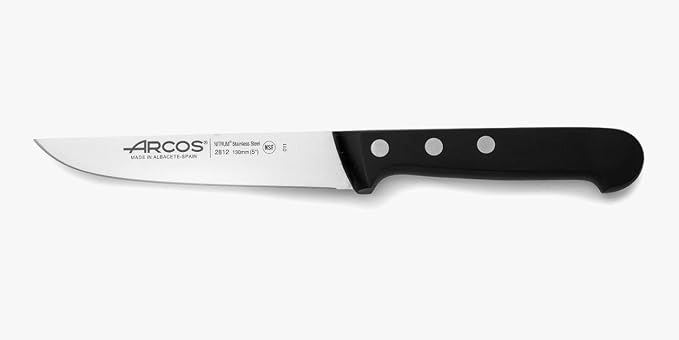 Arcos Kitchen Knife 5 Inch Nitrum Stainless Steel and 130 mm blade. Professional Utilty Knife. Ergonomic Polyoxymethylene POM Handle. Series Universal. Color Black
