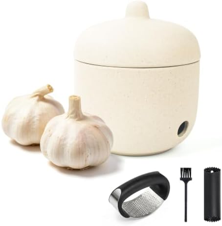 Garlic Keeper for Counter with Lid,4" Coarse Ceramic Garlic Holder