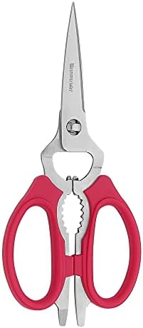 Messermeister 8-Inch Take-Apart Kitchen Scissors, Red - Includes Screwdriver, Nut Cracker, Jar Lid Opener/Gripper, Bottle Opener & Bone + Twig Cutter - Suitable for Lefties & Righties