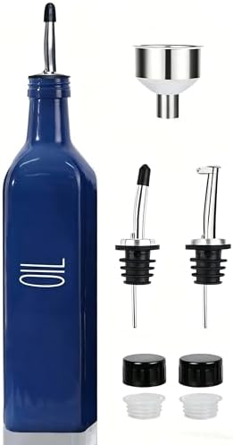 Glass Oil Dispenser for Kitchen, Blue Olive Oil Dispenser Bottle, 17 oz Borosilicate Glass Cooking Oil Container, Multipurpose Oil Bottle with Leak-Proof Spout