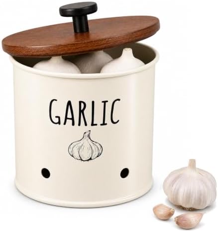 Garlic Keeper for Counter with Wooden Lid - Nordic Design Garlic Storage Container with Handle, Kitchen Organizer Jar, Housewarming Gift for Home Decor