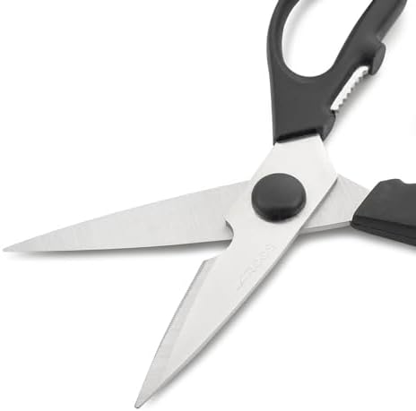 ARCOS Kitchen Scissors 8 Inch Nitrum Stainless Steel and 195 mm blade. 154 gr. Ergonomic Polyoxymethylene POM Handle. Series Prochef. Smooth edge and stylish wooden handle. Color Black.
