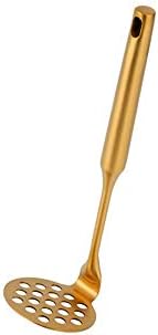 Stainless Steel Potato Masher for Non-Stick, Sturdy and Durable Whole Shaped Food Masher Hand Kitchen Aid, Avocado Masher Kitchen Tool Dishwasher Safe (8 in, Gold)