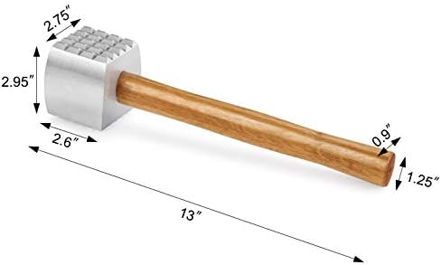 New Star Foodservice Improved Quality Aluminum Meat Tenderizer with Wood Handle, 13 Inch Meat Mallet and Hammer, Dual-Sided Tenderizer for Beef, Chicken, Pork, and Venison