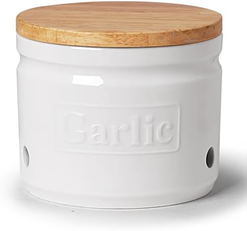 ONTUBE Ceramic Garlic Keeper with Wooden Lid 4-Inch,Garlic Holder (White)