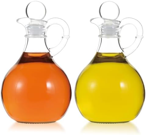 Oil and Vinegar Cruet Set of 2, Glass Oil and Vinegar Dispenser with Airtight Stopper, Glass Condiment Container for Homemade Oil, Salad Dressing
