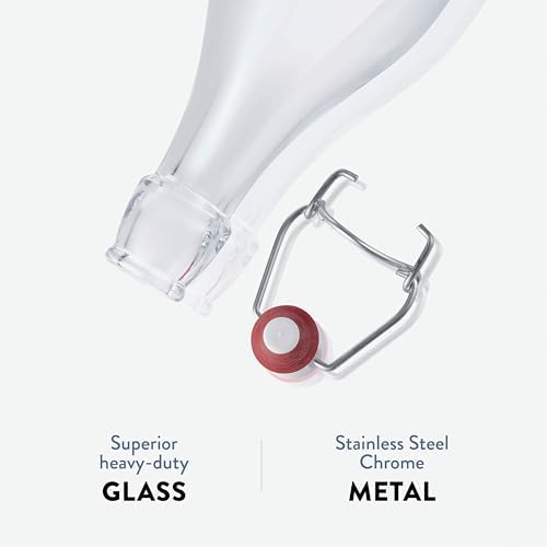 Bormioli Rocco Giara Swing Top Bottles 33 ¾ Ounce-4 Pack Round Clear Glass Grolsch Flip Top Bottle With Stopper, for Beverages, Smoothies, Kefir, Beer, Soda, Juicing, Kombucha, Water, Milk and Vinegar