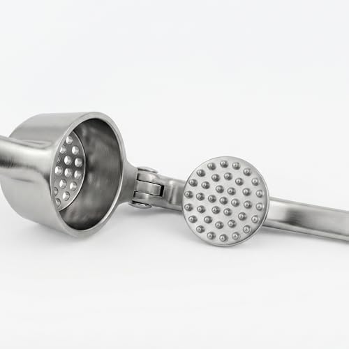 Heavy Duty Garlic Press with Zinc Alloy Handle & Stainless Steel Chamber, 61 Holes Garlic Mincer & Crusher, No Peeling Required, Includes Silicone Garlic Peeler & Cleaning Brush, Silver