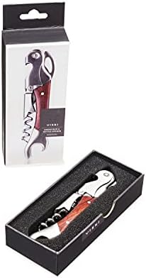 Viski Admiral Double Hinged Corkscrew Wine Opener with 2 Built-in Bottle Openers and Easy Grip Foil Cutter, Stainless Steel with Rosewood Handle, Home Bar, Travel, Gifts for Wine Lovers, Set of 1