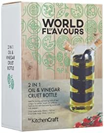 KitchenCraft World of Flavours Oil and Vinegar Dispenser Glass, 2 in 1 Oil and Vinegar Bottle, Cruet Bottle with Cork Stoppers, Cascade Design, 1 + 3 ml