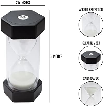 Sand Timer for Kids - 30 Seconds Black - 5 inches Hour Glass Acrylic Covered for Classroom, Home & Kids Room - Medium-Single Pack