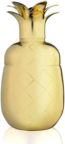 Viski Pacific Pineapple Cocktail Shaker – Tropical Themed Cocktail Shaker for Tiki Drinks – Stainless Steel with Gold Finish, 3-Piece Shaker with Built-In Strainer and Pineapple Leaf Cap - Set of 1