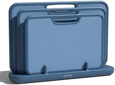 SMIRLY Plastic Cutting Board Set with Holder, 3 Pack, Blue