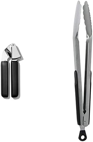 OXO Good Grips Garlic Press + 12-Inch Stainless Steel Locking Tongs Bundle