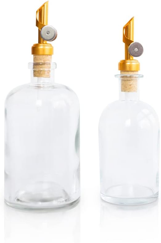 Rail19 Small Clear Glass Mouthwash Dispenser with Metal Pour Spout | Cooking Oil and Vinegar Dispenser - Perfect for The Bathroom, Kitchen and Tabletop, 8oz (Gold)