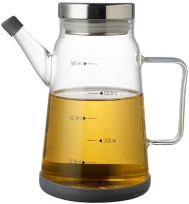 Glass Oil and Vinegar Dispenser with Stainless Steel Lid, No Drip Kitchen 20Oz Liquid Container, Large Cruet (Clear, 600ml)