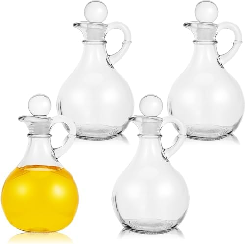 Suclain 4 Sets 12oz Glass Oil and Vinegar Cruet Set Round Oil Dispenser Olive Bottle with Airtight Stopper Salad Dressing Bottle Glass Condiment Container for Kitchen Homemade Olive Condiment(Clear)