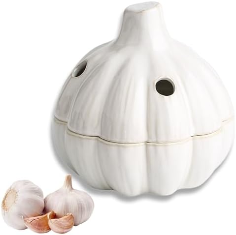 Garlic Keeper for Counter, Ceramic with Realistic Garlic Shape, Breathable Design, Anti-Mold, Easy Clean, Multi-Purpose Kitchen Decor & Gift, White