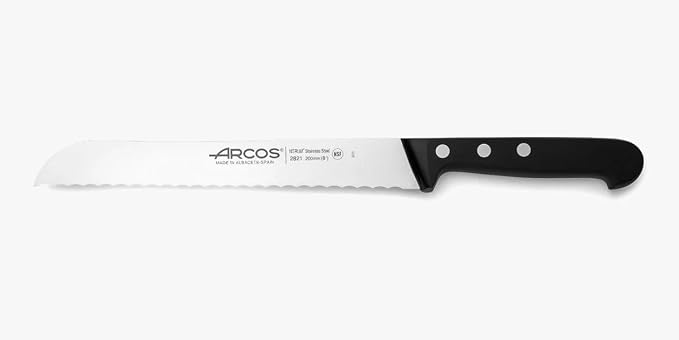 Arcos Bread Knife 8 Inch Nitrum Stainless Steel and 200 mm blade. Obtain a great variety of cuts for your food. Ideal knife for daily domestic use. Series Universal. Color Black