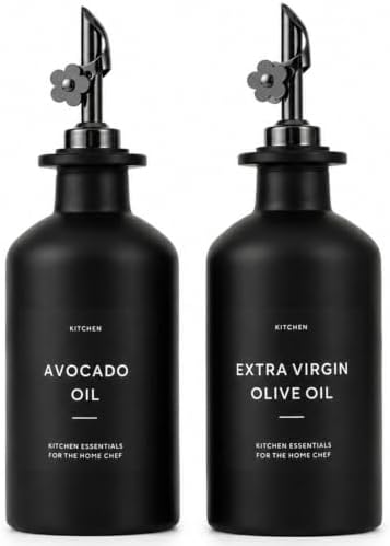 Olive Oil Dispenser for Kitchen, 2-Pack 12oz Black Glass Bottle with Labels