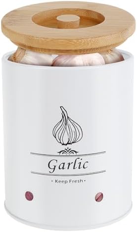 Large Ceramic Garlic Keeper, Farmhouse Style Garlic Storage Box with Wood Lid, Ventilated Garlic Saver, 2.3L, White