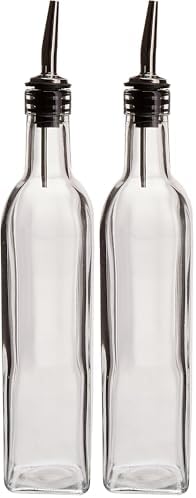 Winco 16 Oz. (Ounce) Oil Vinegar Cruet, Square Tall Glass Bottle w/Stainless Steel Pourer Spout (Pack of 2)