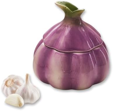 Ceramic Garlic Keeper - Onion Shaped Storage Container with Lid for Fresh Garlic in Kitchen