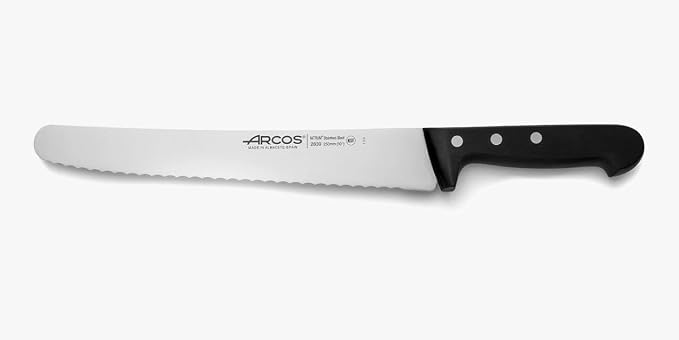 Arcos Pastry Knife/Cake Knife 10 Inch Nitrum Stainless Steel and 250 mm blade. Ergonomic Polyoxymethylene POM Handle. Polypropylene core with soft rubber coating. Series Universal. Color Black