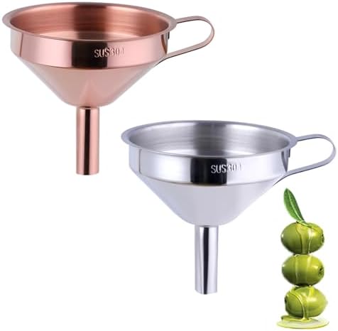 DOCBLACK Stainless Steel Funnel Set of 2, Stainless Steel Funnel with Removable Strainer and Handle, Food Grade Metal Kitchen Funnel for Fluid, Liquid, Oil, Powder Filling Bottles (Silver & Rosegold)