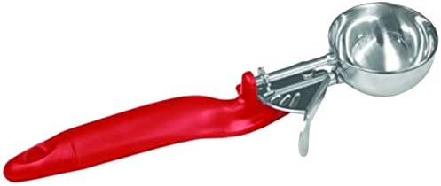 Tiger Chef Stainless steel construction 1-1/3 oz. capacity Yellow plastic Ergo handle Thumb lever NSF certified Scoop size: #24 Lever Disher (1, Red 1-1/3 oz.)