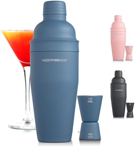 Modern Mixology 24oz Matte Blue Cocktail Shaker Set – Bartender Essentials with Built-In Strainer, Cap, Jigger for Martini, Margarita, More – Luxury Drink Mixer Kit for Bar, Gift for Men and Women