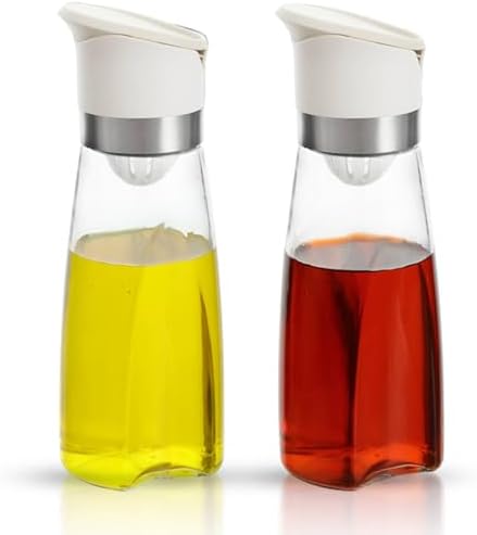 Premium Glass Olive Oil and Vinegar Dispenser Bottles Set, 2-Piece 11oz Kitchen Cooking Cruet with Auto-Open Lid, Non-Drip Pouring Spout, Oil Infuser Filter, Dishwasher Safe