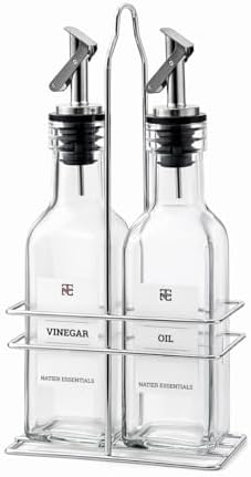 6 Oz Oil and Vinegar Bottle Cruet Set with Wire Caddy – 2 Pack Glass Dispenser Bottles (Stainless Steel Spout)
