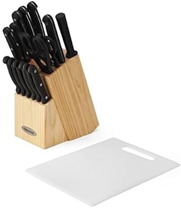 Farberware 17-Piece Triple Rivet High-Carbon Stainless Steel Knife Block Set with Plastic Cutting Board, Beechwood/Black