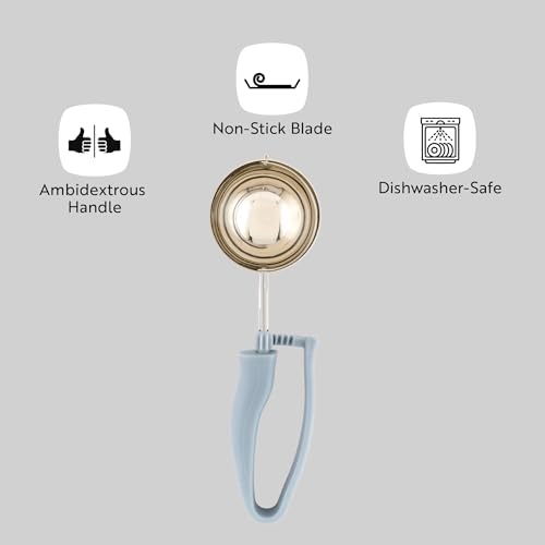 Restaurantware Comfy Grip 4 Ounce Gelato Scoop 1 Ambidextrous Ice Cream Scoop - Built-In Blade Bright Handle Gray Stainless Steel Cookie Dough Scoop Comfortable Grip For All Ingredients