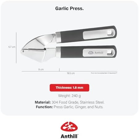 Anthill Premium – Heavy Duty Garlic Press - Stainless Steel – Rust proof – Dishwasher Safe – Garlic Mincer tool – Easy-Clean with Soft Grip Handle – Strong and Durable – Press Garlic with ease (Grey)