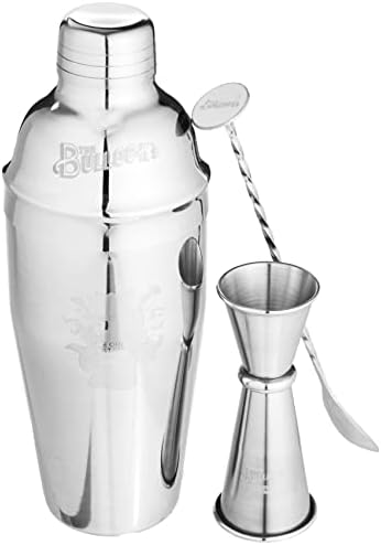 5 pc. Cocktail Shaker Bar Set by Tom Bullock's, The Original Tastemaker: 25 oz Stainless Steel Shaker, Double Measuring Jigger, Stirrer/Mixer Spoon, Strainer and Ice Tongs. Become The Ideal Bartender!