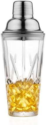 Glass Cocktail Shaker, 15oz Cutting Design - Exquisite Martini Shaker for Elevated Mixology. Perfect for Christmas, Hoiday, BBQ,Outdoor Party,Spring, Summer (Drink Shaker & Gold Pourer)