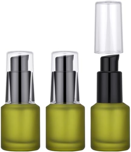 Segbeauty 0.5oz Frosted Glass Travel Size Containers for Lotions, 3pcs Mini Empty Lotion Bottles Pump Dispenser Refillable, 15ml Green Travel Containers for Creams, Small Hair Oil Pump Bottle Liquids