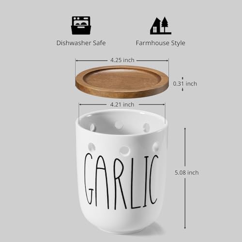 Ceramic Garlic Keeper for Counter, Large Garlic Holder with Acacia Wood Lid, Farmhouse Garlic Storage Container, Garlic Saver for Kitchen, White